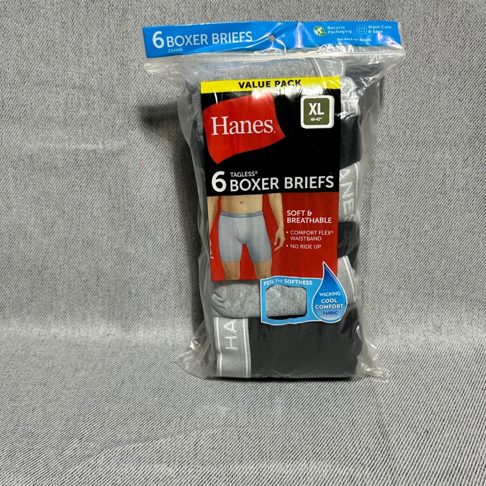Hanes Mens 6 Pack Tagless Boxer Briefs XL Black Grey Wicking Comfort Flex
